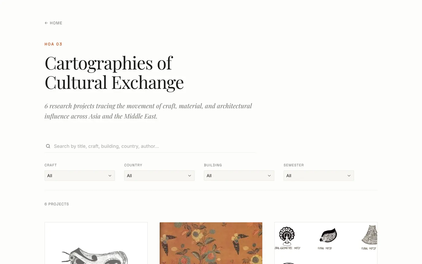 Gallery page: serif title, search field and four filter dropdowns above project cards.