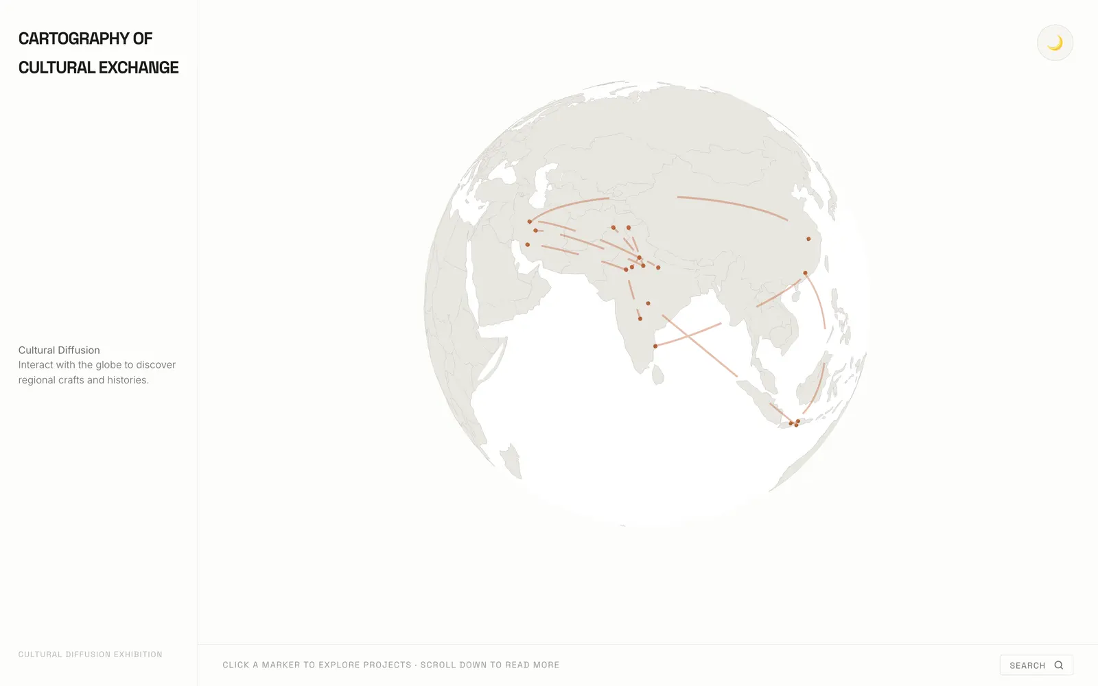 Exhibition home screen: a pale 3D globe centred on Asia with rust markers and arcs, title in a left rail.