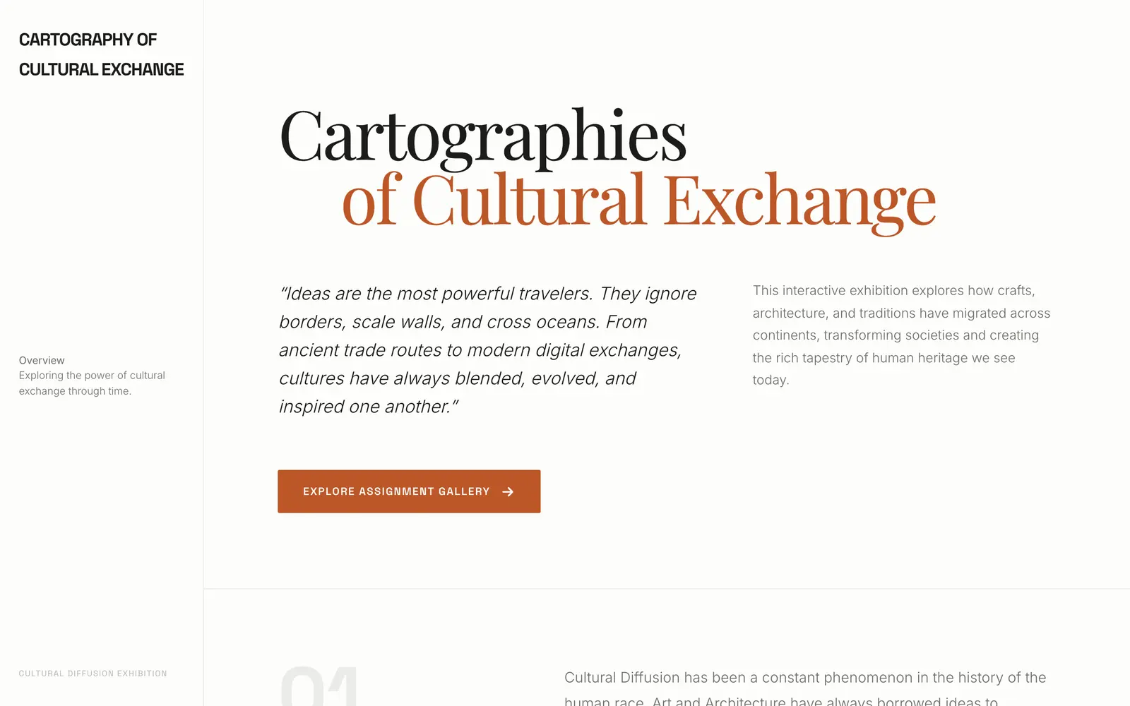 Overview: exhibition title in serif with a quote and a button to the gallery.
