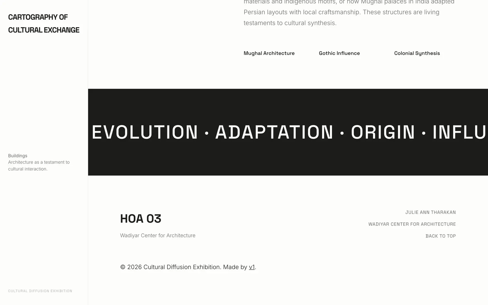 Footer: marquee of origin, influence, evolution, adaptation above credits.