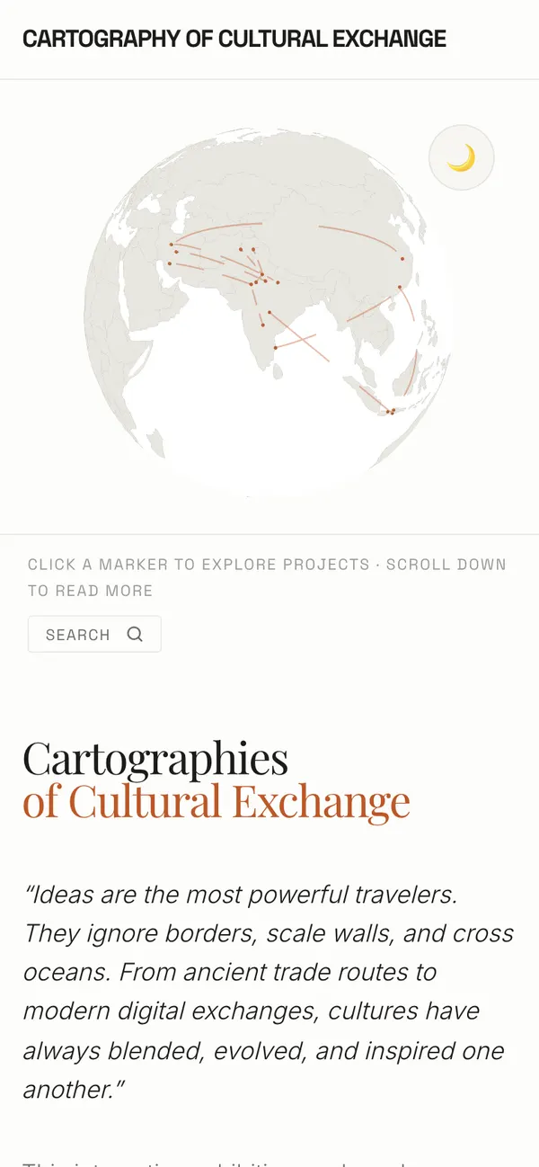 Exhibition on a phone: the globe sits above the title and the opening quote.