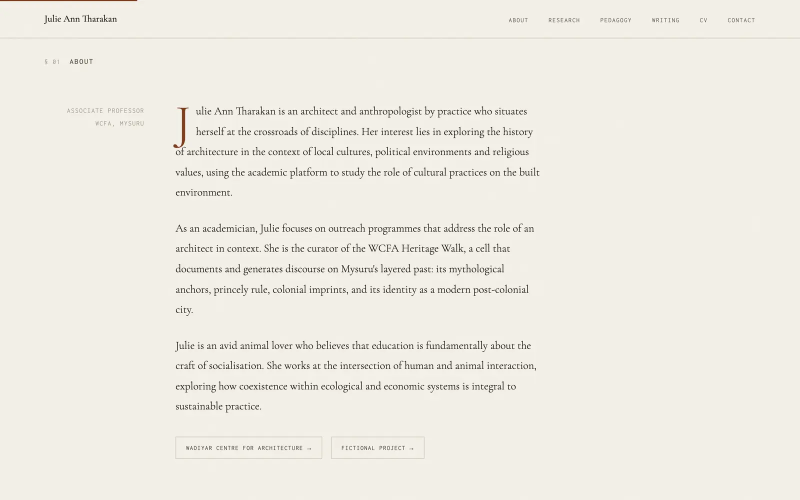 About section: a drop-cap paragraph with her title and institution set as a margin note.