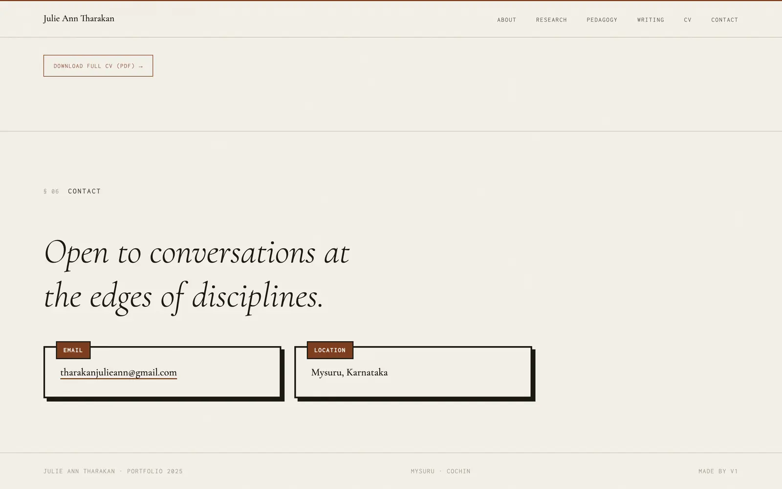 Contact section: italic serif headline above email and location cards.