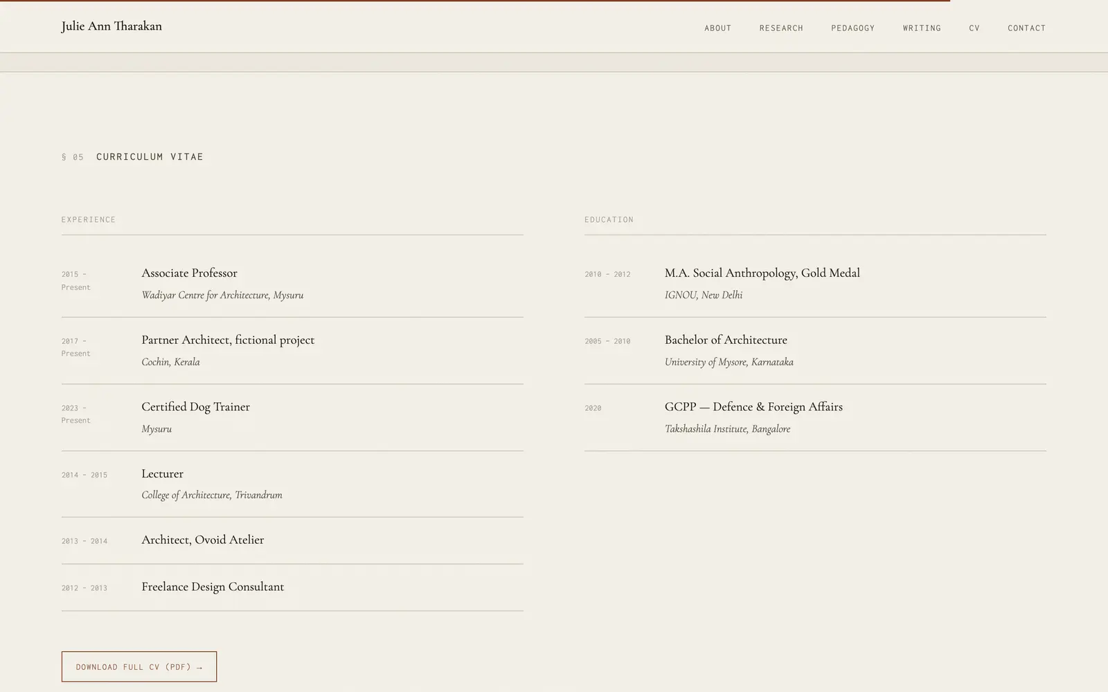 CV section: experience and education lists with a PDF download button.