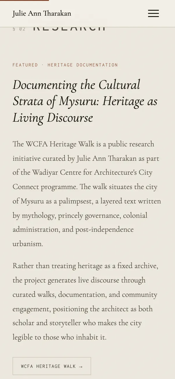 Research section on a phone: featured project title in italic serif with its summary.