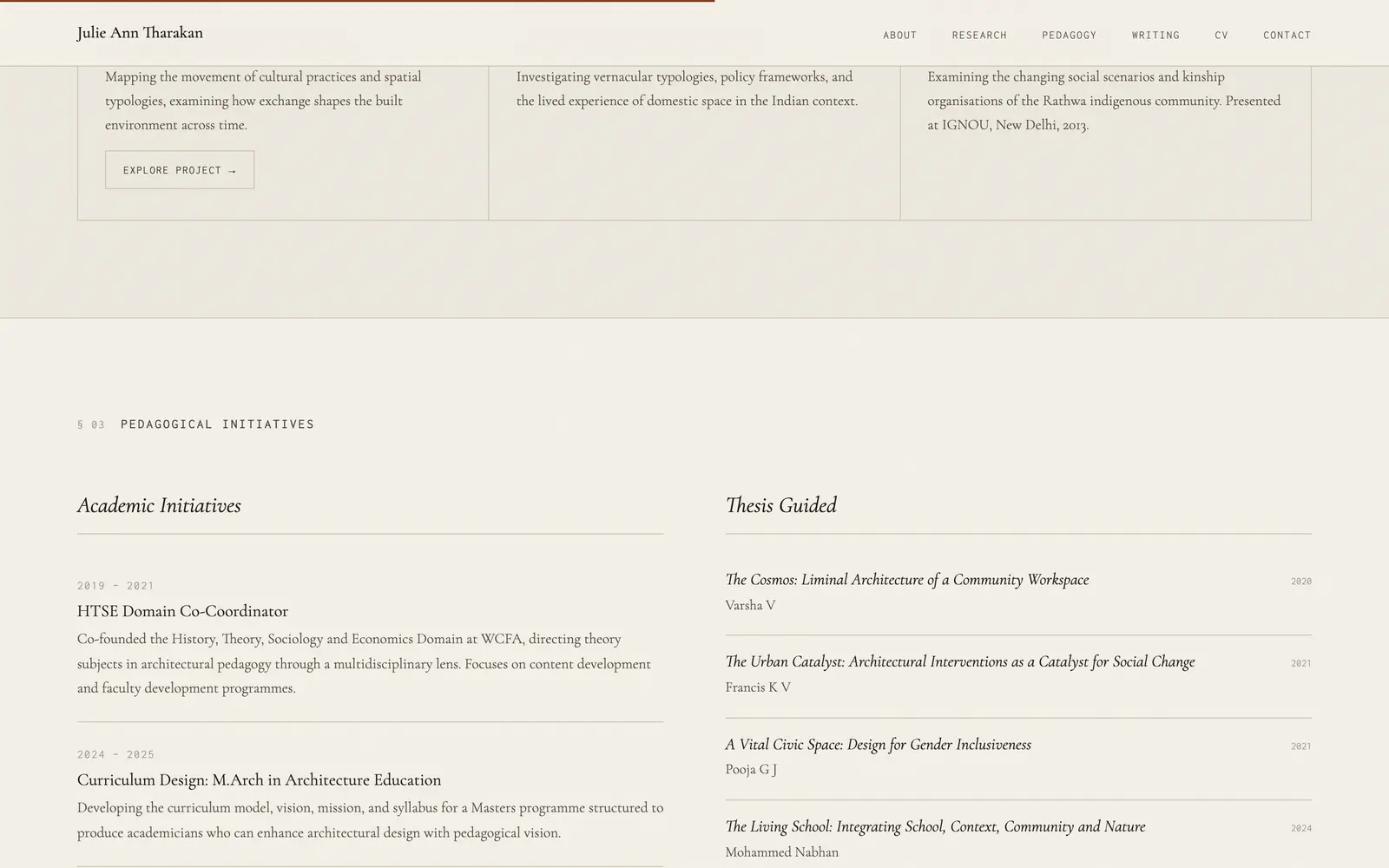 Pedagogy section: academic initiatives and theses guided, in two columns.