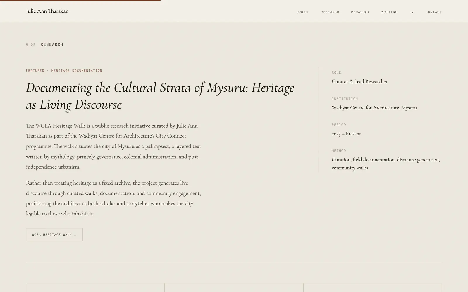 Research section: featured heritage documentation project with a facts sidebar.